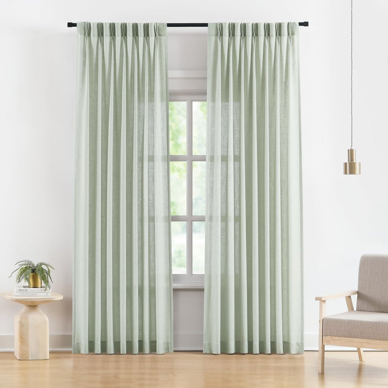 Vision Home Soft Green Pinch Pleated Semi Sheer Curtains Textured Linen Blended Light Filtering Window Curtains 95 inch for Living Room Bedroom Pinch Pleat Drapes with Hooks 2 Panels 40"" Wx95 L - Image 1